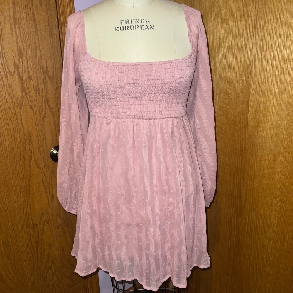 Altar'd State Mini Dress Womens S Pink Swiss Dot Smocked Balloon Sleeve BMD1294C